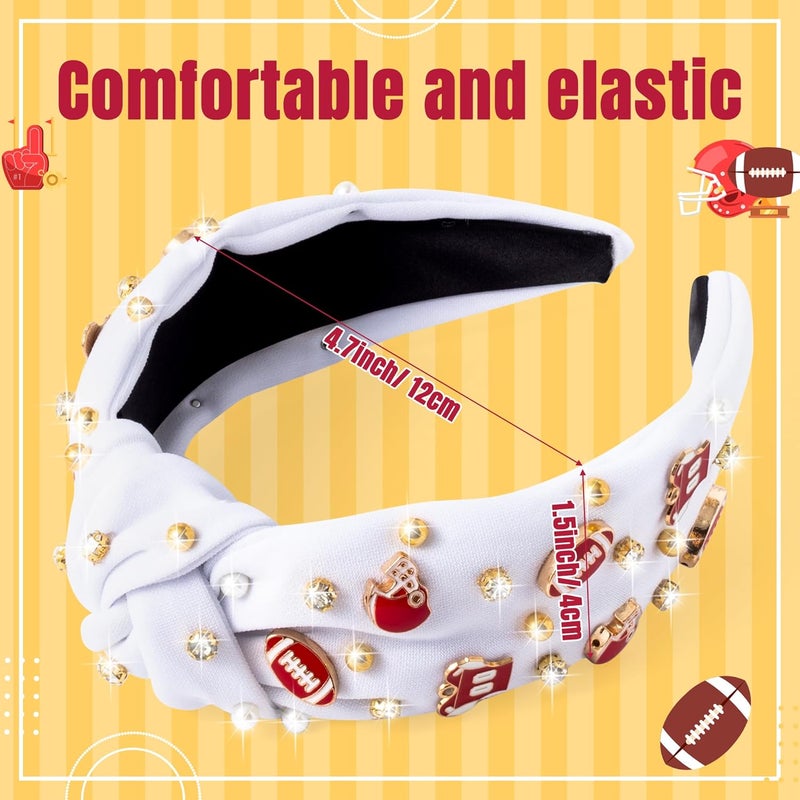 PANTIDE Football Jeweled Knotted Headband - Red Football Rhinestone Crystal Embellished Headband Wide Top Knot Fashion Hairband Mom Accessories Sports Game Day Birthday Gift for Fan Women Girl (White) - Image 2